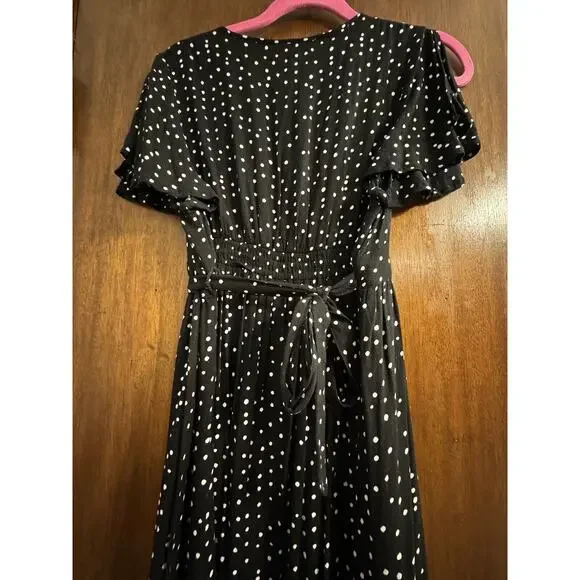 Patrons Of Peace Dress Large Faux Wrap Hi Lo Black Polka Dot Surplice Tie Back - Picture 9 of 9